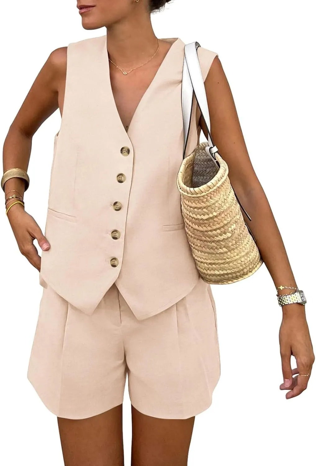 2 Piece Outfits for Women Summer Bussiness Linen Sets Sleeveless V Neck Vest Button Waistcoat and Pockets Shorts