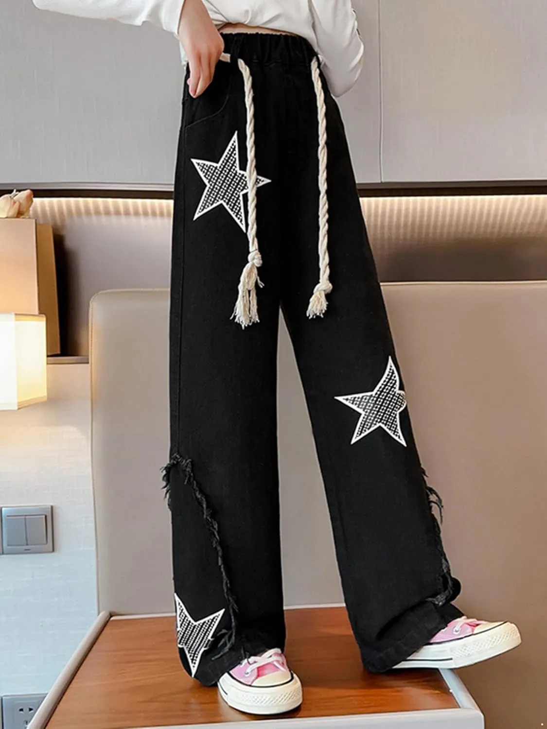 ACSUSS Kids Girls Jeans Stars Shape Denim Pants Elastic Waist Wide Leg Jeans Summer Casual Jeans