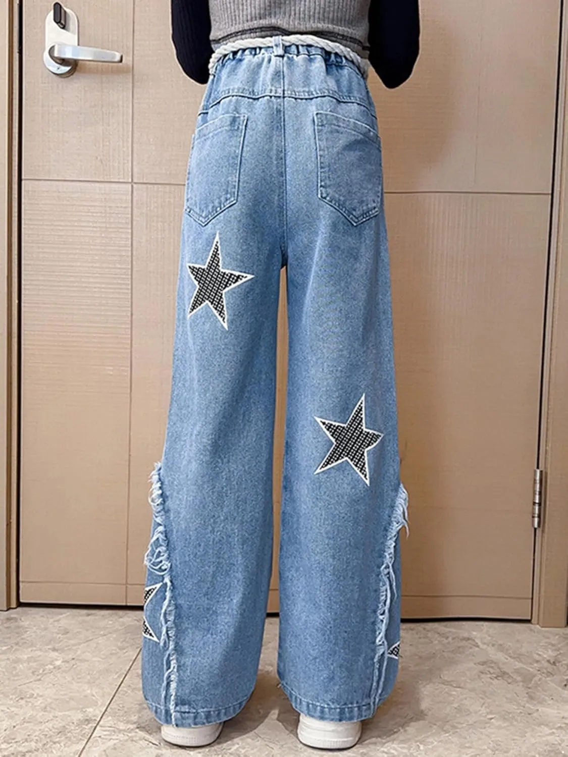 ACSUSS Kids Girls Jeans Stars Shape Denim Pants Elastic Waist Wide Leg Jeans Summer Casual Jeans