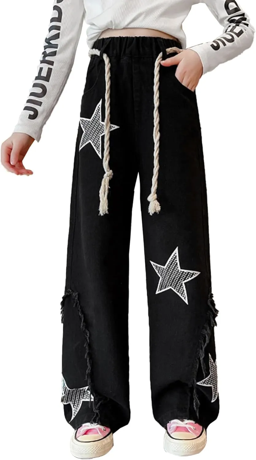 ACSUSS Kids Girls Jeans Stars Shape Denim Pants Elastic Waist Wide Leg Jeans Summer Casual Jeans