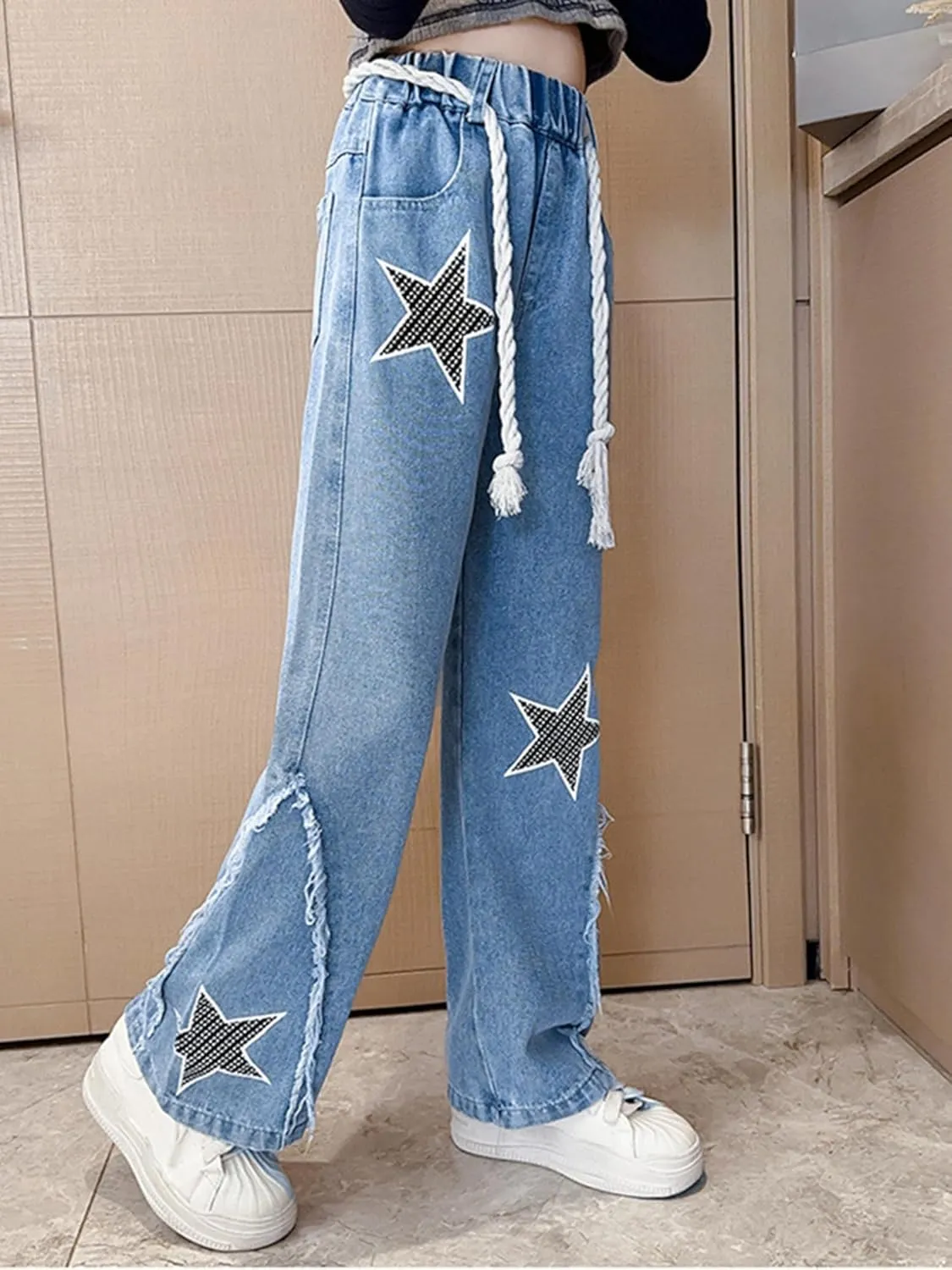 ACSUSS Kids Girls Jeans Stars Shape Denim Pants Elastic Waist Wide Leg Jeans Summer Casual Jeans