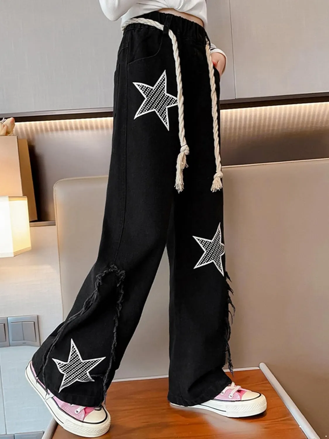 ACSUSS Kids Girls Jeans Stars Shape Denim Pants Elastic Waist Wide Leg Jeans Summer Casual Jeans