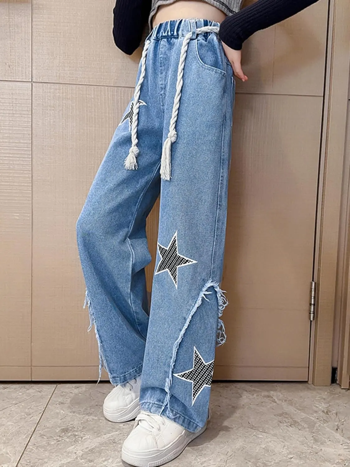 ACSUSS Kids Girls Jeans Stars Shape Denim Pants Elastic Waist Wide Leg Jeans Summer Casual Jeans