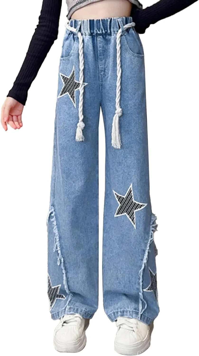 ACSUSS Kids Girls Jeans Stars Shape Denim Pants Elastic Waist Wide Leg Jeans Summer Casual Jeans