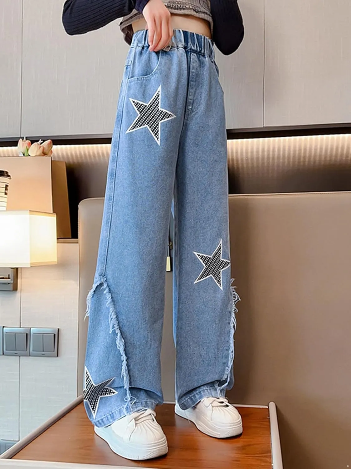 ACSUSS Kids Girls Jeans Stars Shape Denim Pants Elastic Waist Wide Leg Jeans Summer Casual Jeans