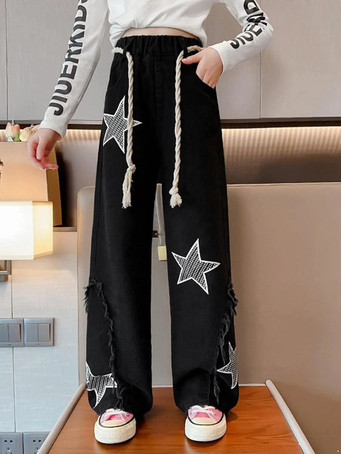 ACSUSS Kids Girls Jeans Stars Shape Denim Pants Elastic Waist Wide Leg Jeans Summer Casual Jeans