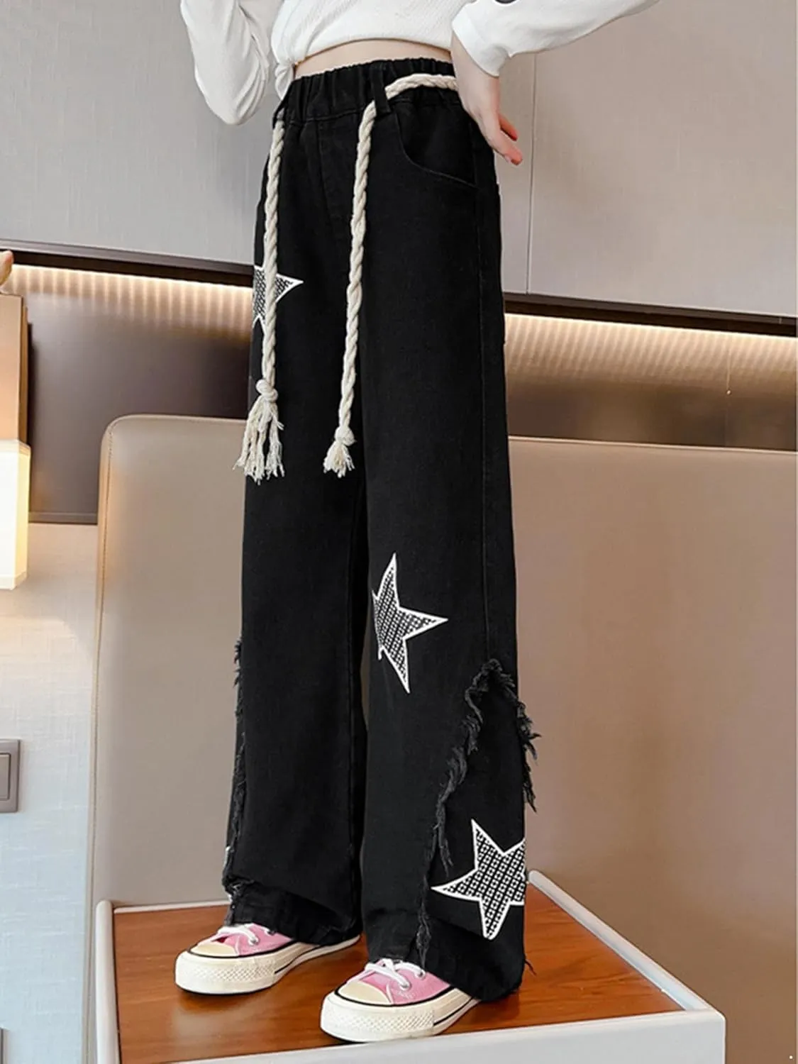 ACSUSS Kids Girls Jeans Stars Shape Denim Pants Elastic Waist Wide Leg Jeans Summer Casual Jeans
