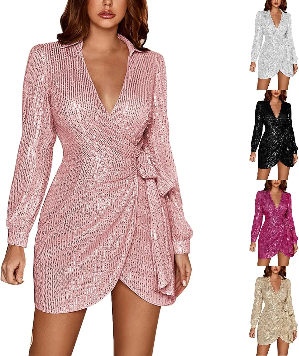 Binmer Women Sequin Dress Sparkly Glitter Long Sleeve Wrap V Neck Bodycon Mini Split Dress Evening Party Club Dress with Belt