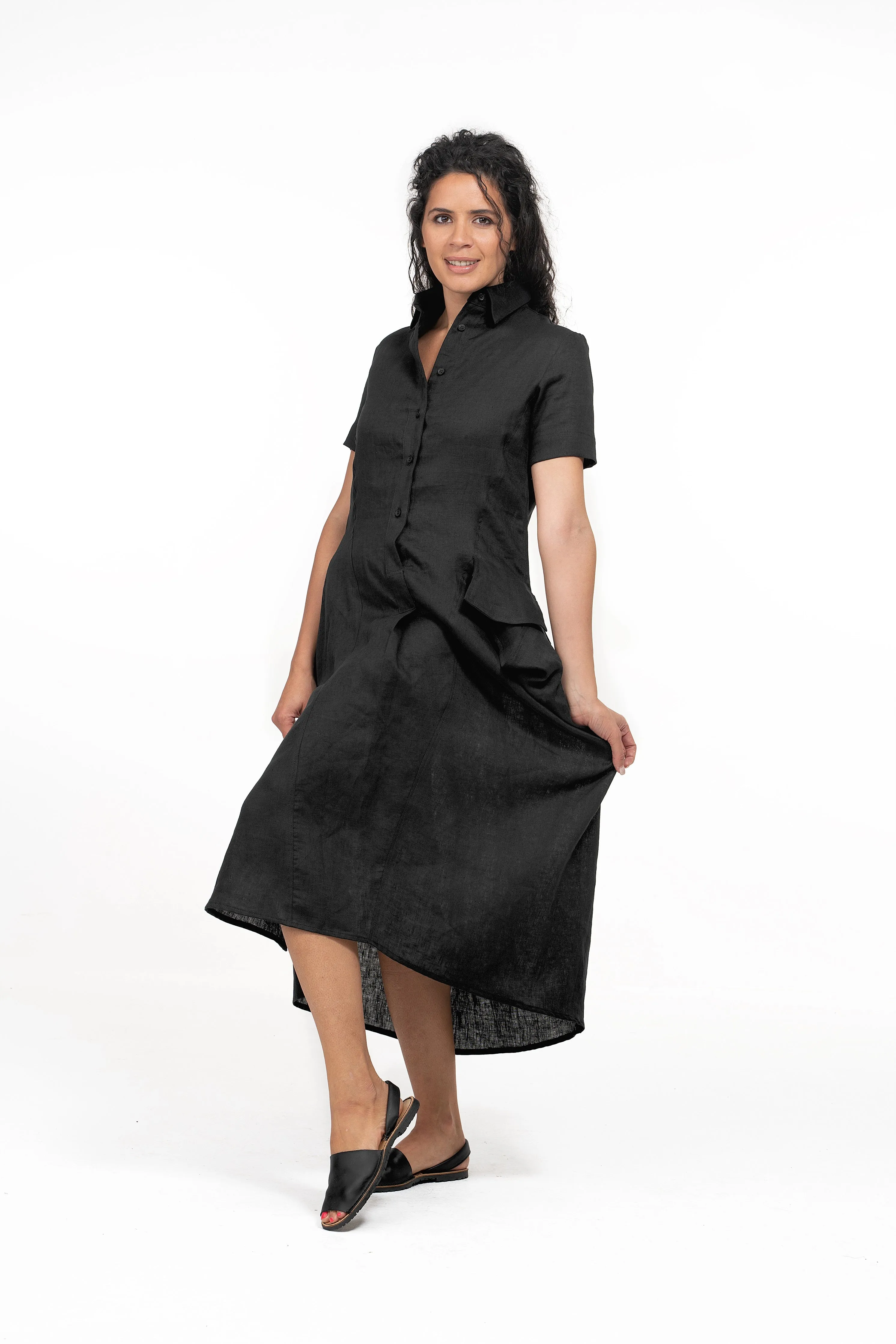 Black Linen Summer Midi Dress