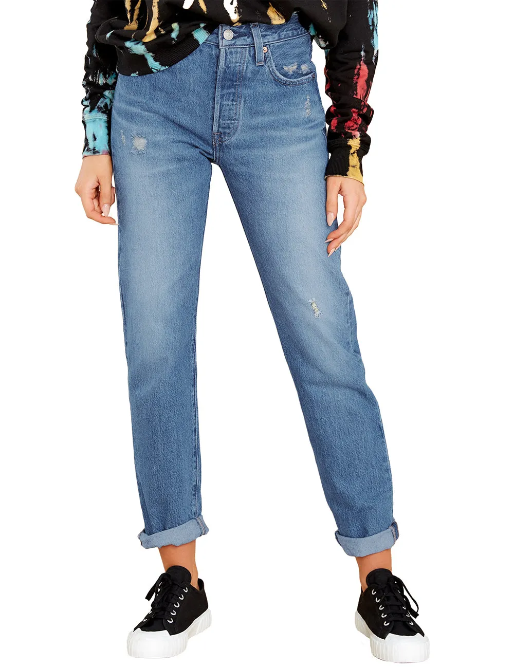 Blue Rolled Hem Distressed Casual Denim Boyfriend Jeans