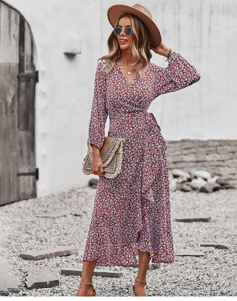 Boho Midi Dress, Autumn Dress, Claire in Red