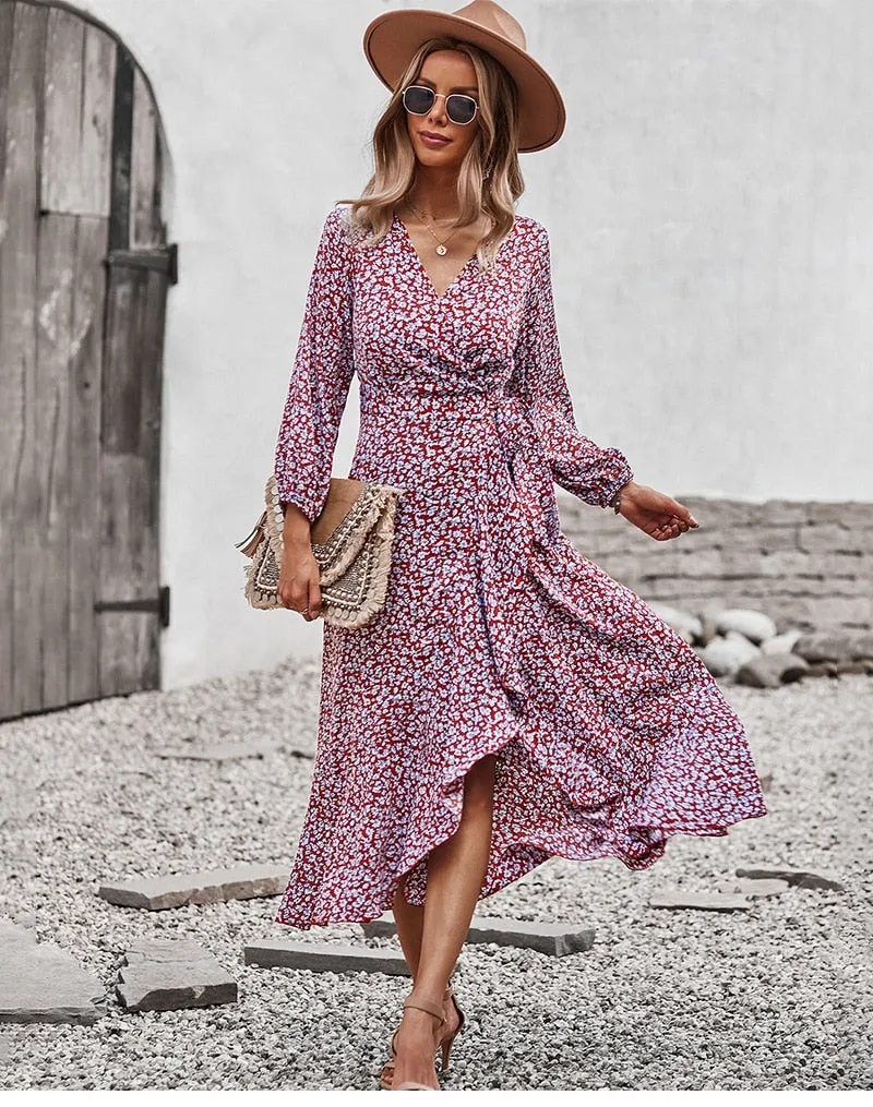 Boho Midi Dress, Autumn Dress, Claire in Red