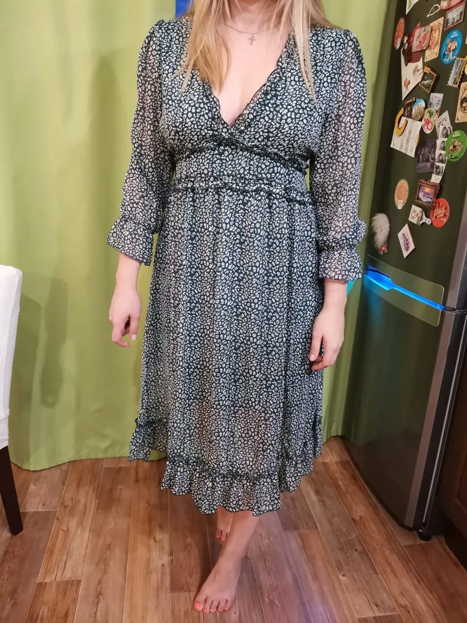 Boho Midi Dress, Ruffle Lillian Green