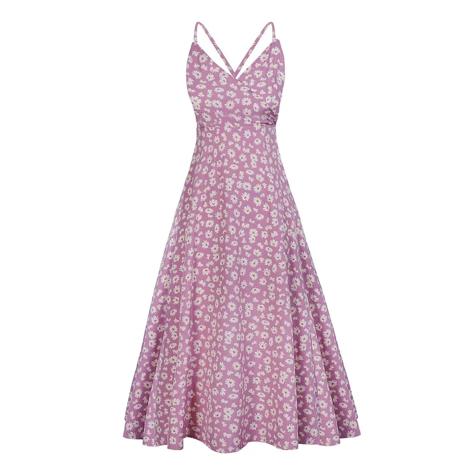 Boho Midi Dress, Strappy Sundress Emilie in Floral Purple