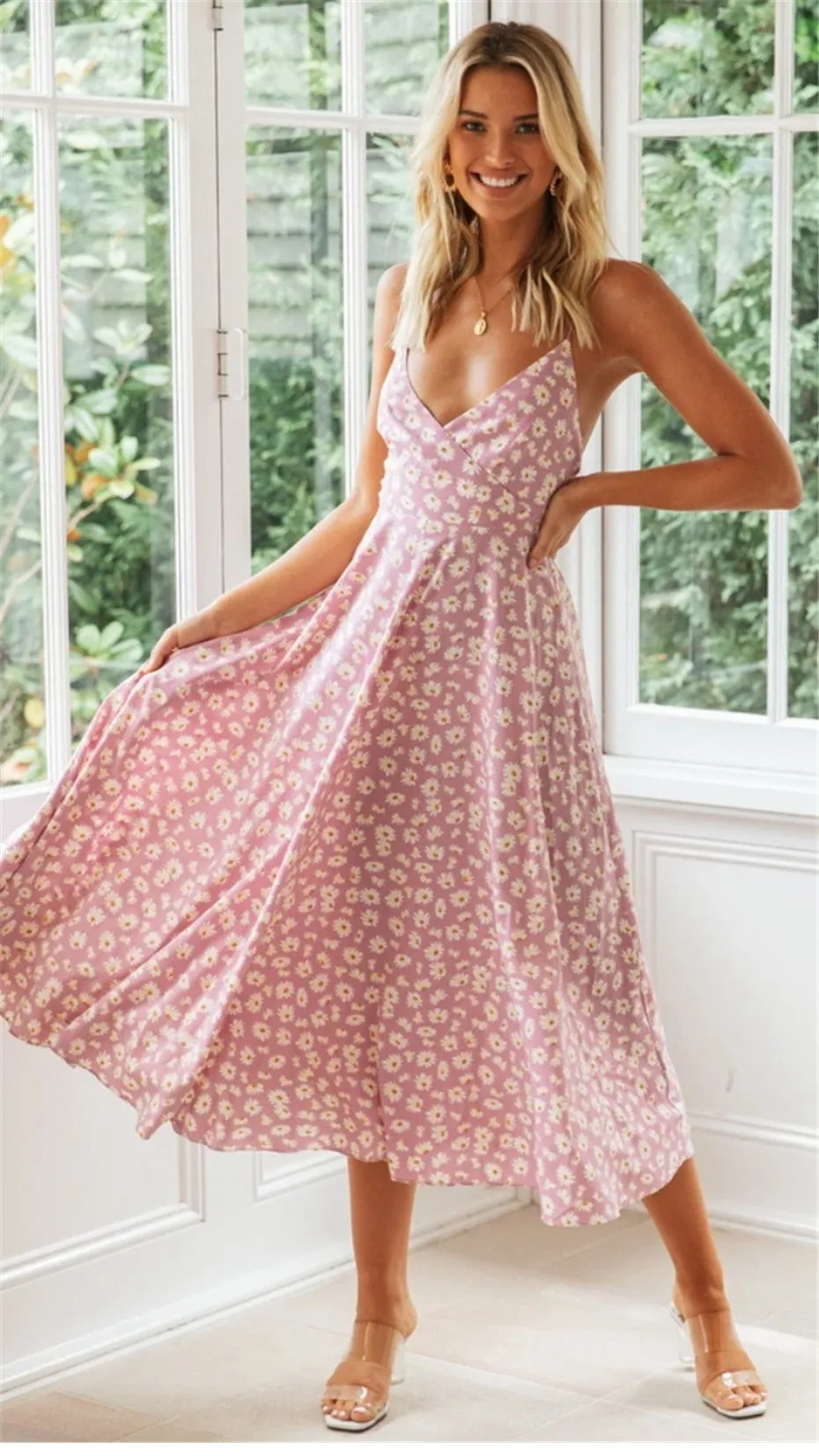 Boho Midi Dress, Strappy Sundress Emilie in Floral Purple