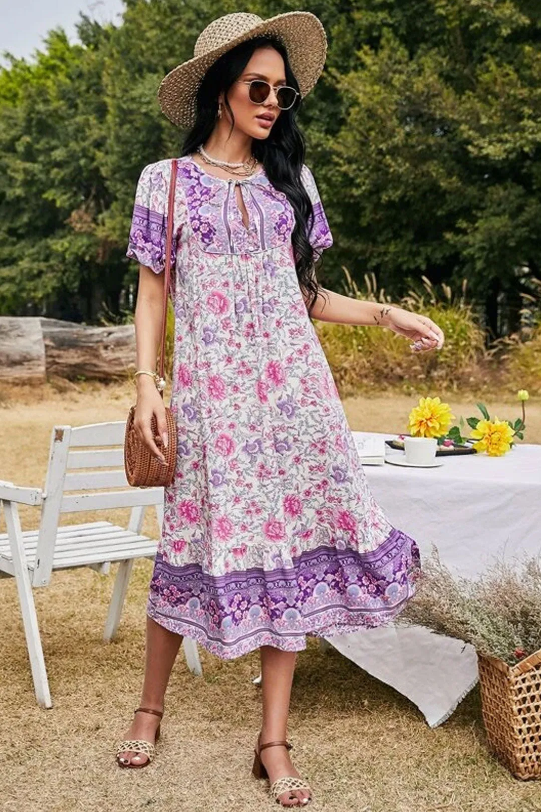 Boho Midi Dress, Sundress, Purple Verbena