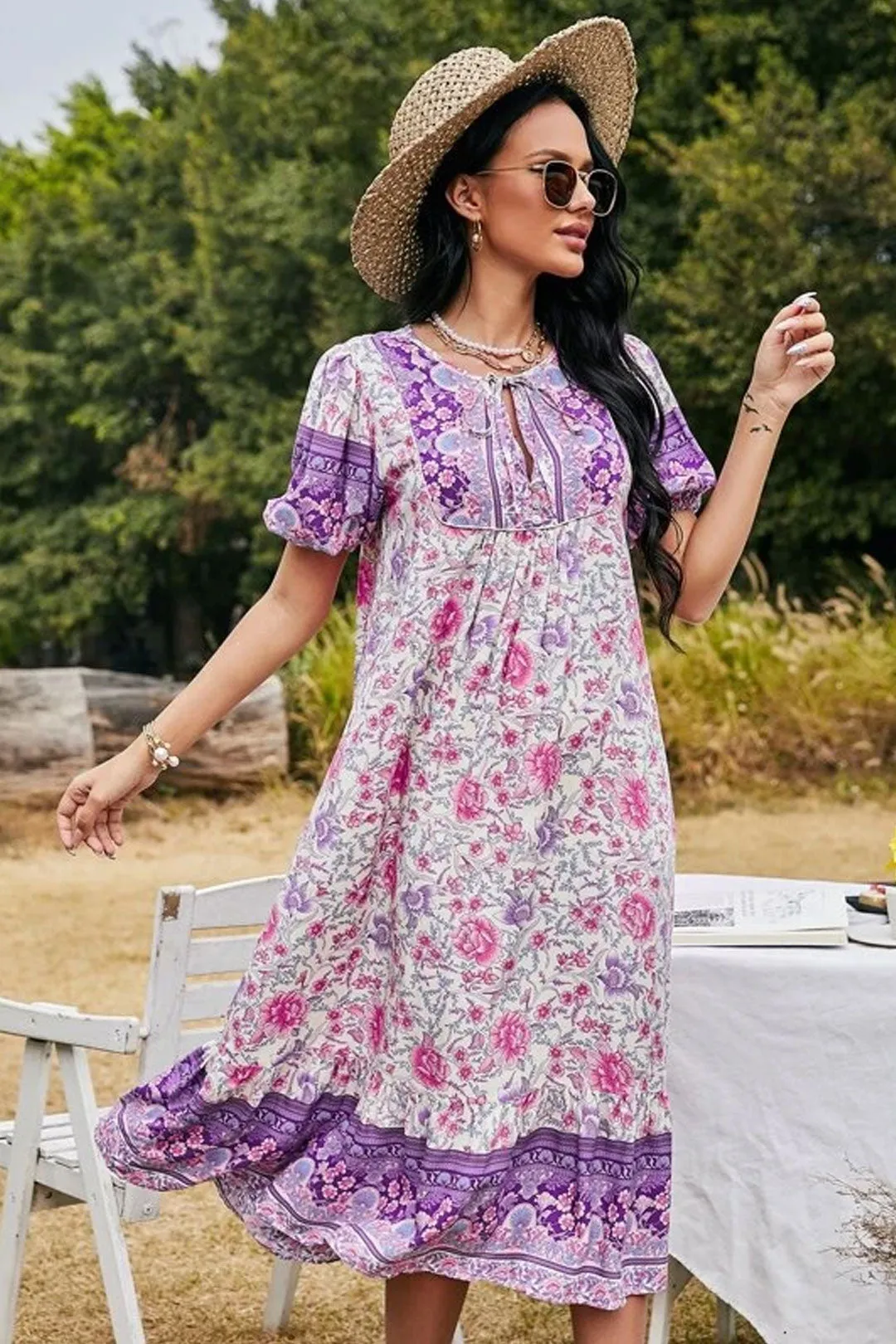Boho Midi Dress, Sundress, Purple Verbena