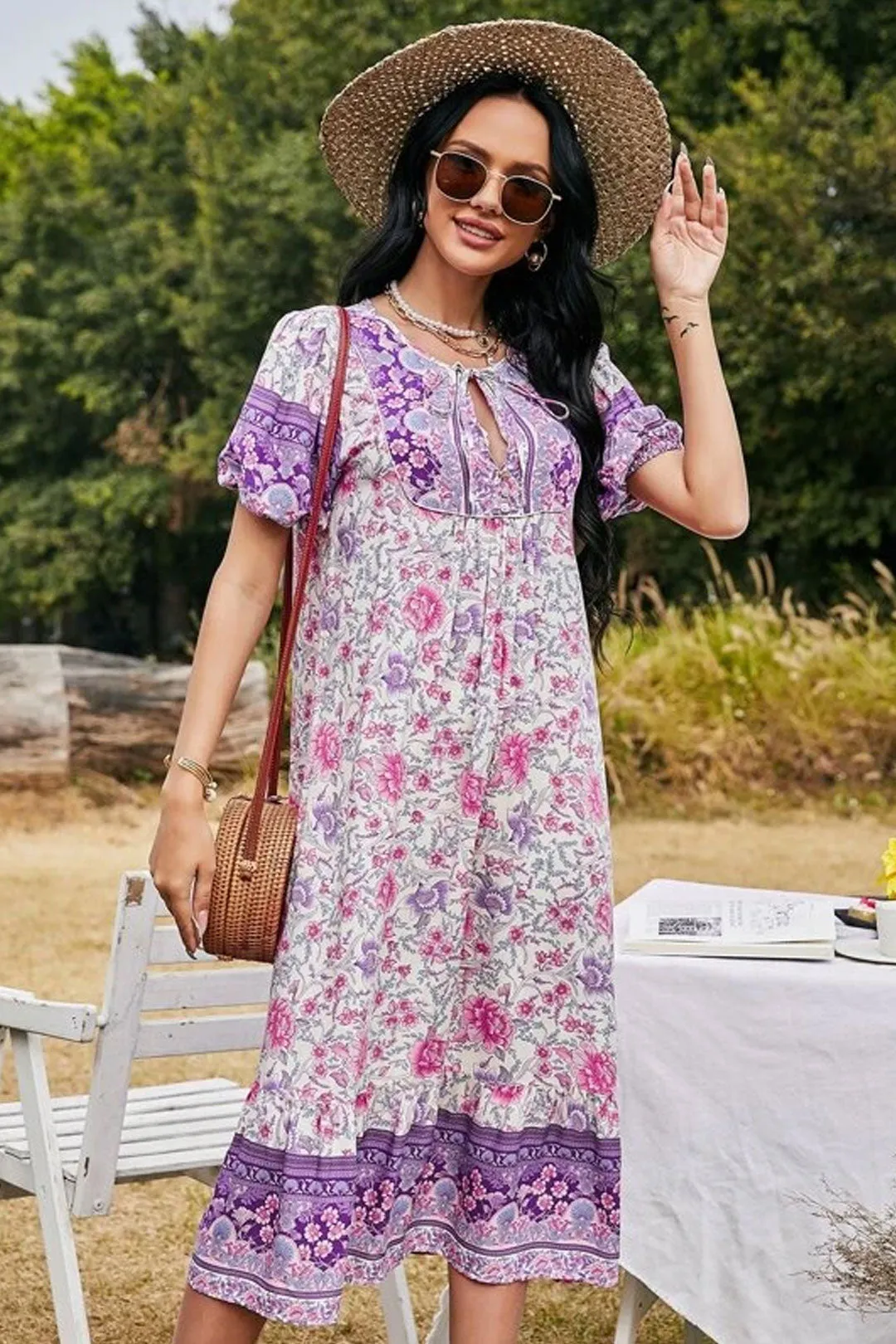 Boho Midi Dress, Sundress, Purple Verbena