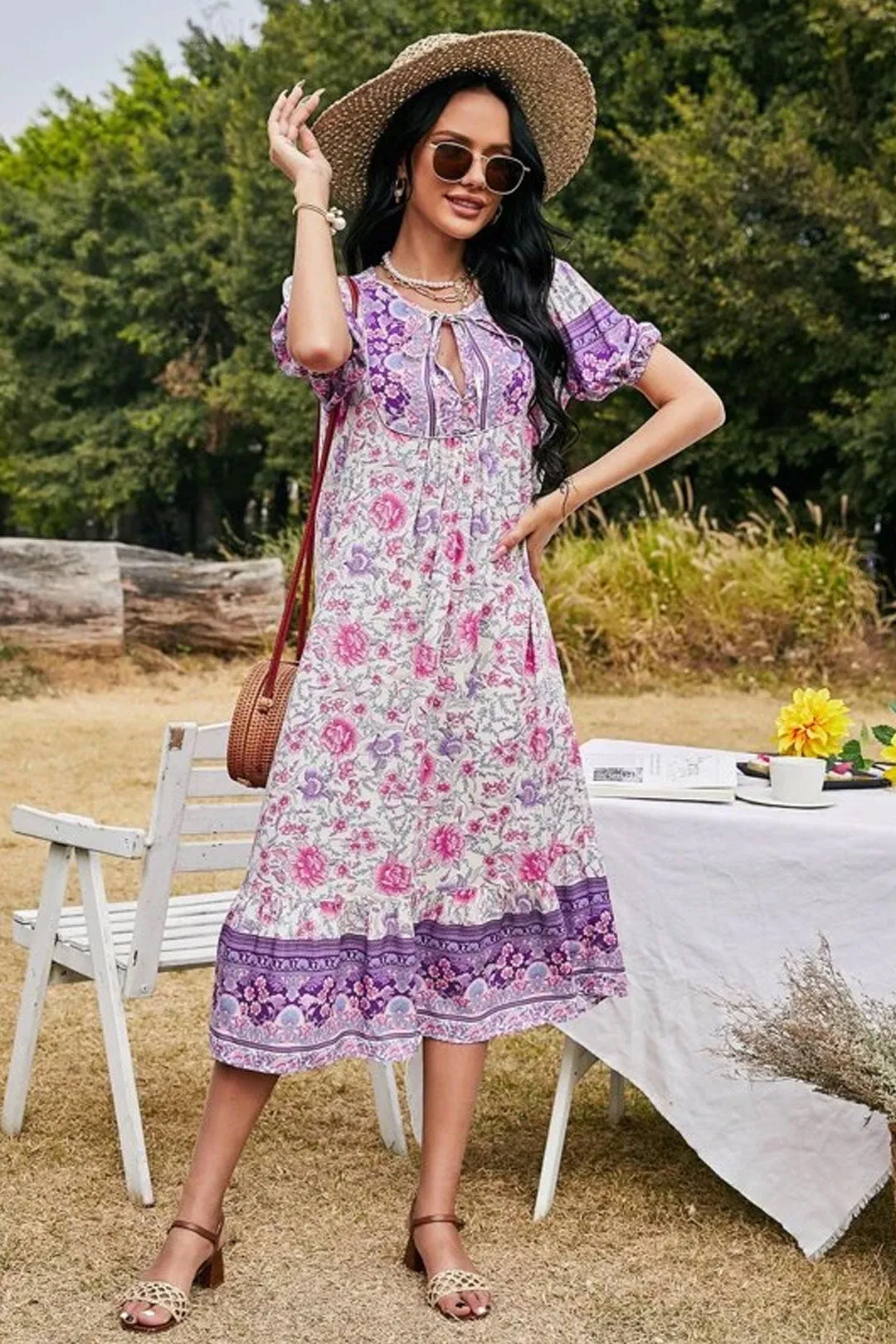 Boho Midi Dress, Sundress, Purple Verbena