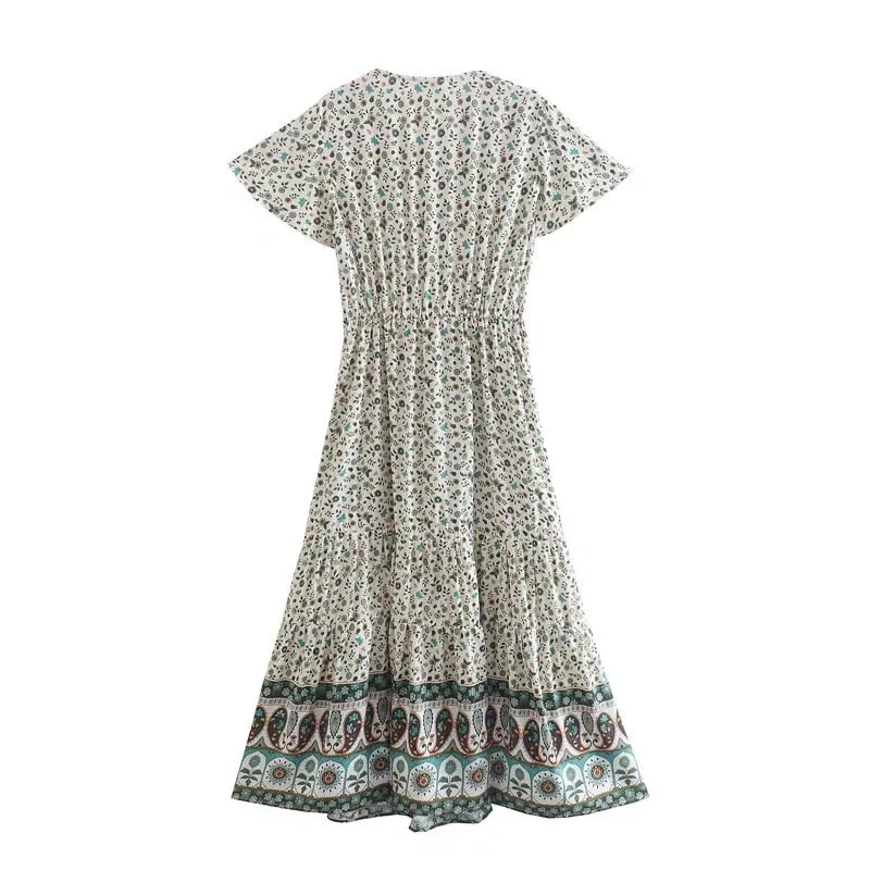 Boho Midi Dress, Sundress, Quincy in Green and Pink