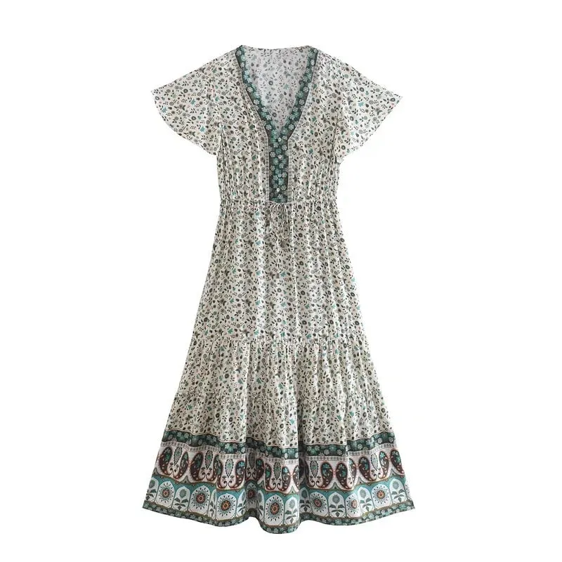 Boho Midi Dress, Sundress, Quincy in Green and Pink