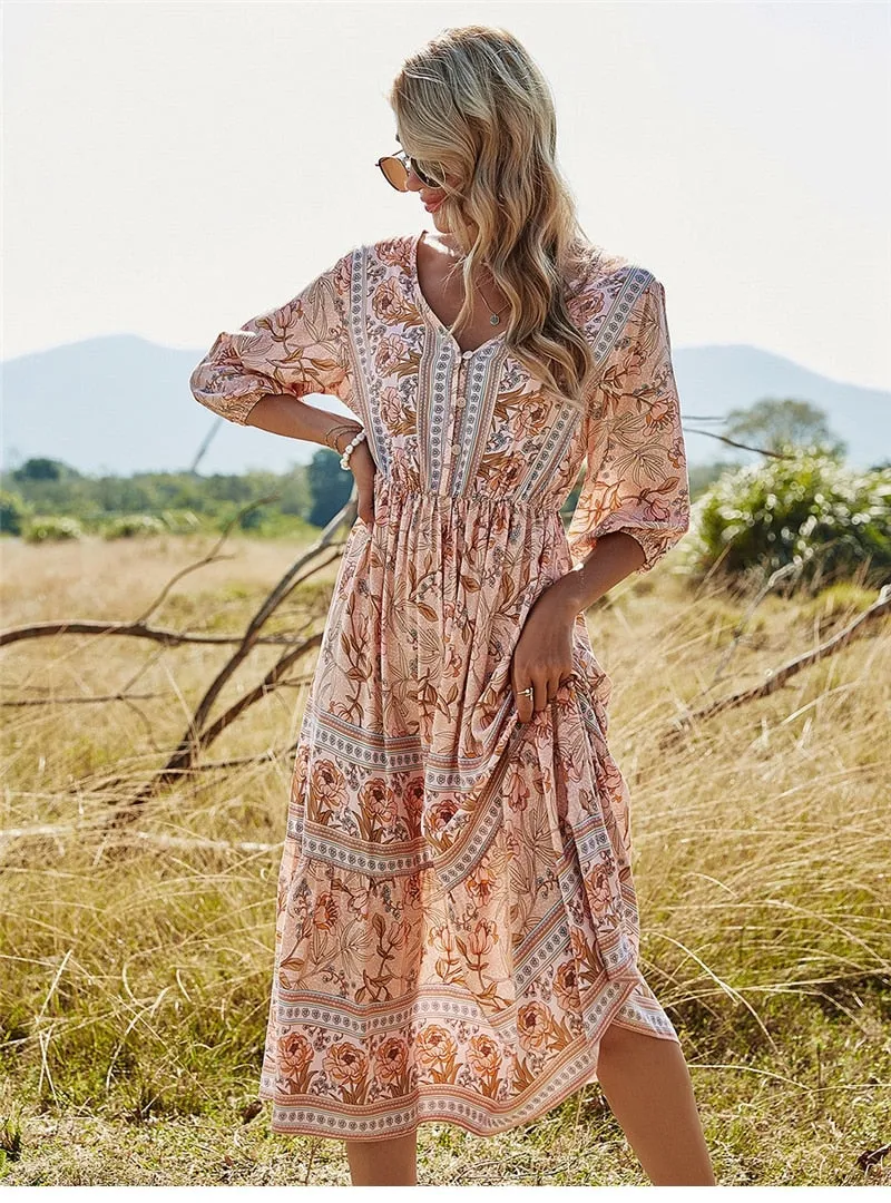 Boho Midi Dress, Sundress, Viola in Pink