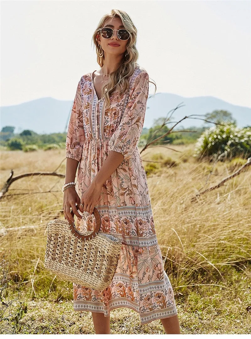 Boho Midi Dress, Sundress, Viola in Pink