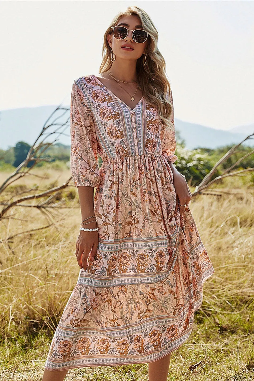 Boho Midi Dress, Sundress, Viola in Pink