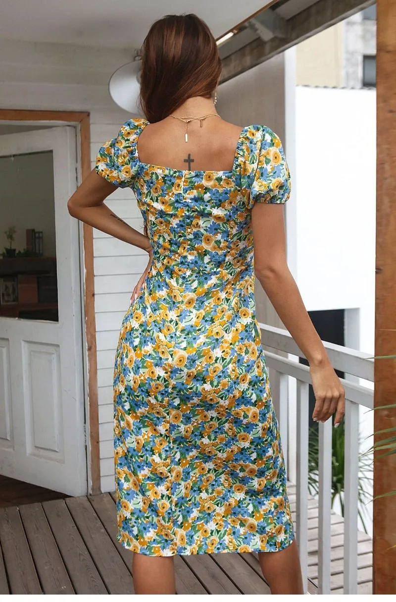 Boho Midi Dress, Sundress, Yellow Rose Garden