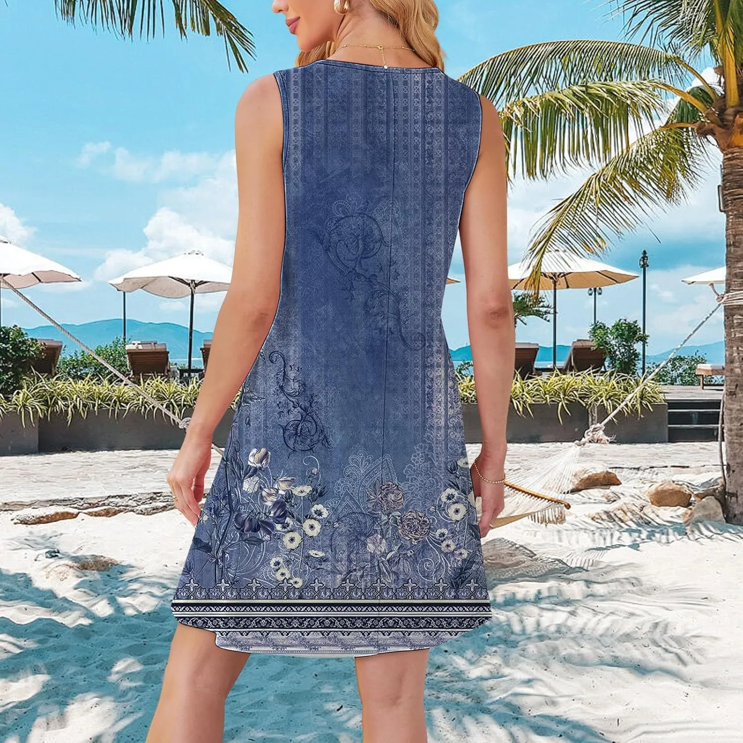 Boho Summer Dress Womens with Pockets Summer Casual Tank Dress Sleeveless Midi Beach Dress Plus Size Linen Dresses