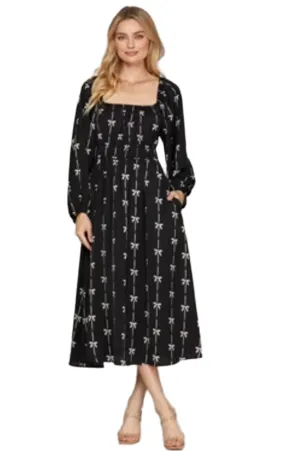 BOW PRINTED ELASTIC SLEEVE LINED LONG DRESS