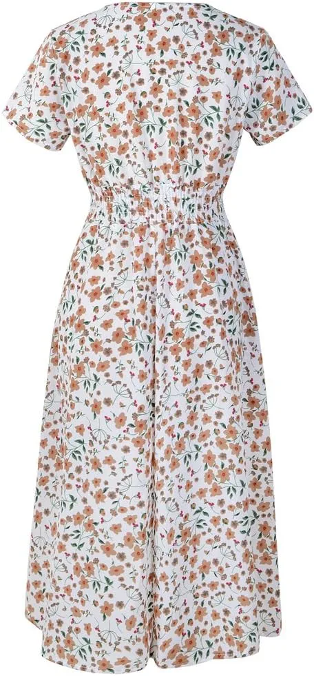 Chiffon Beach Dress Print V-Neck Short Sleeve Dress Bohemian Dress