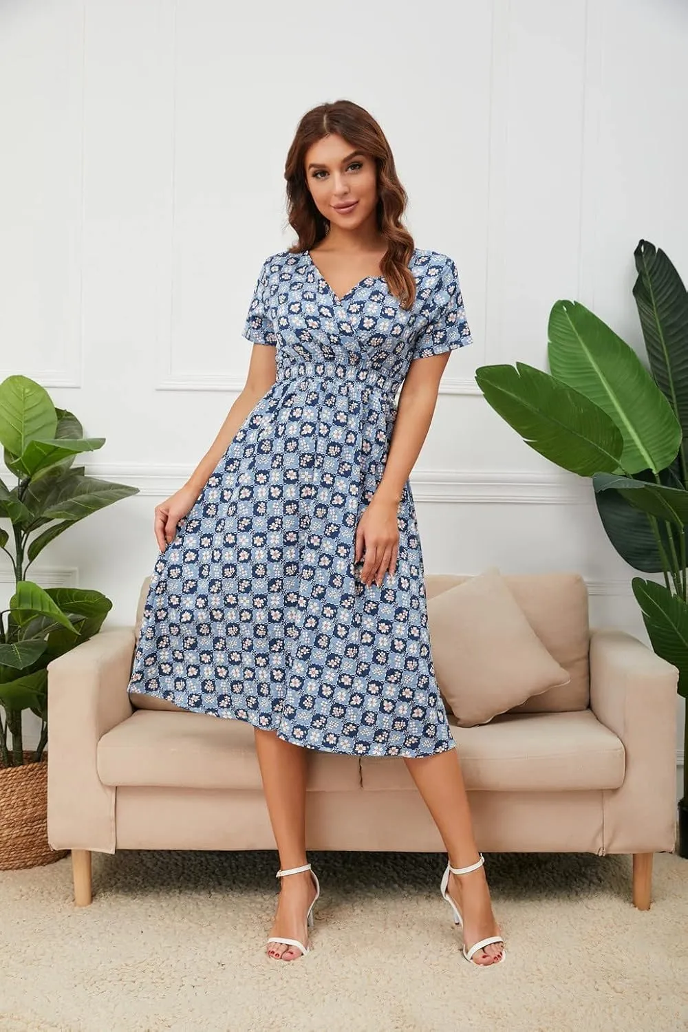 Chiffon Beach Dress Print V-Neck Short Sleeve Dress Bohemian Dress