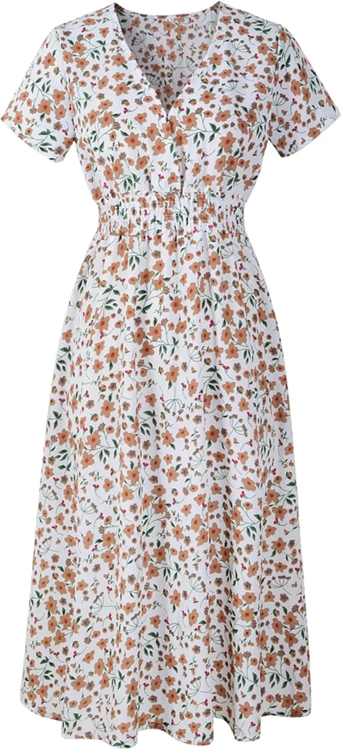 Chiffon Beach Dress Print V-Neck Short Sleeve Dress Bohemian Dress
