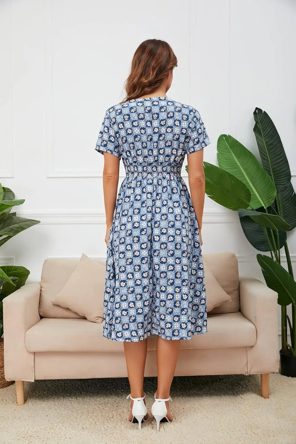 Chiffon Beach Dress Print V-Neck Short Sleeve Dress Bohemian Dress