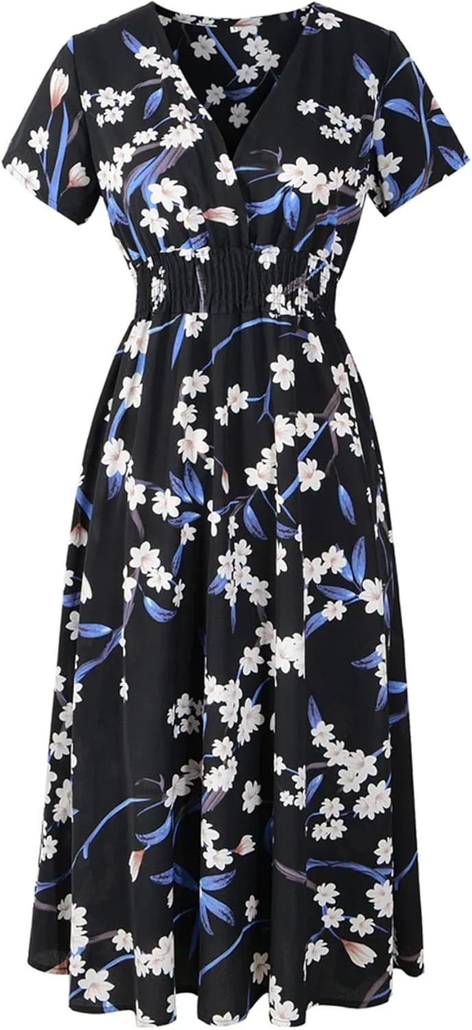 Chiffon Beach Dress Print V-Neck Short Sleeve Dress Bohemian Dress