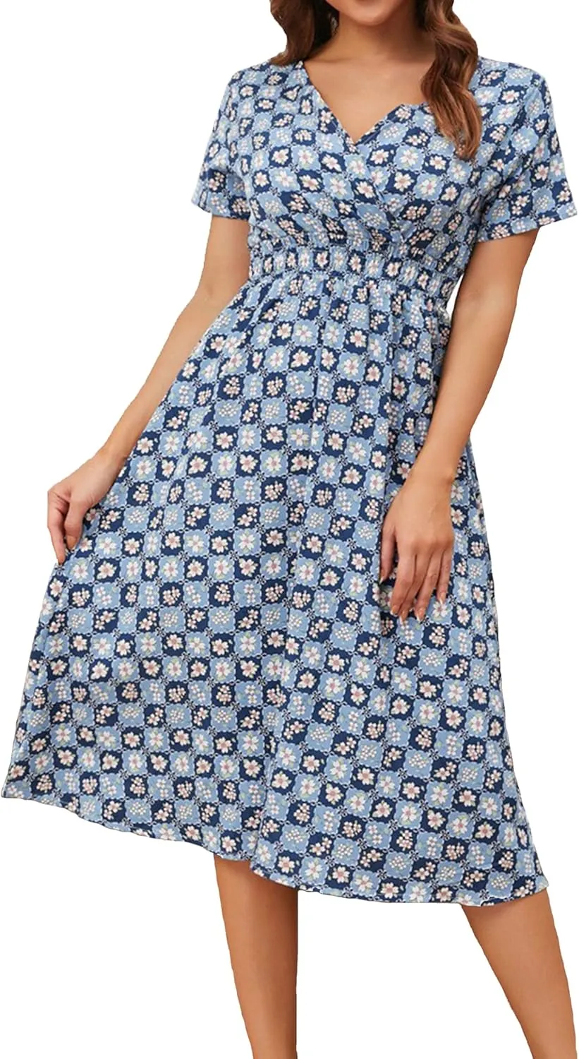 Chiffon Beach Dress Print V-Neck Short Sleeve Dress Bohemian Dress