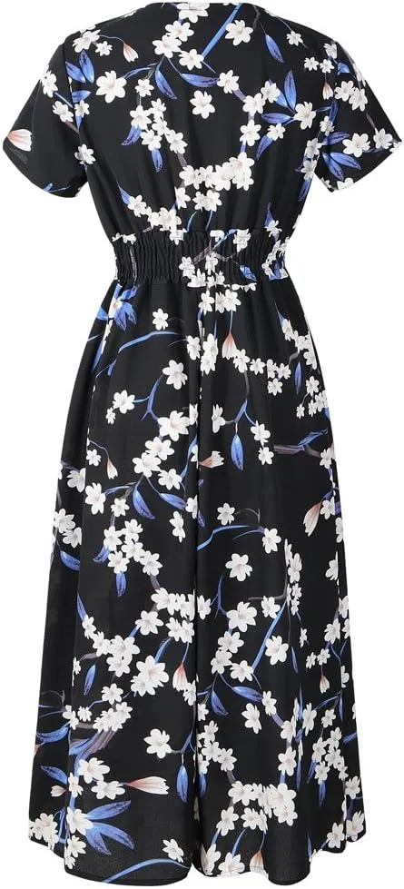 Chiffon Beach Dress Print V-Neck Short Sleeve Dress Bohemian Dress