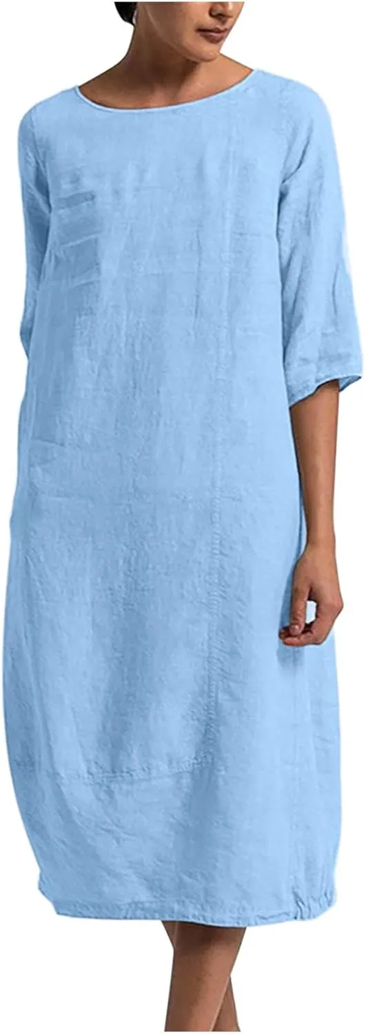 Cotton Linen Shift Dress for Women, Womens Crewneck Half Sleeve Tunic Top Tshirt Dress Solid Color Summer Midi Dress