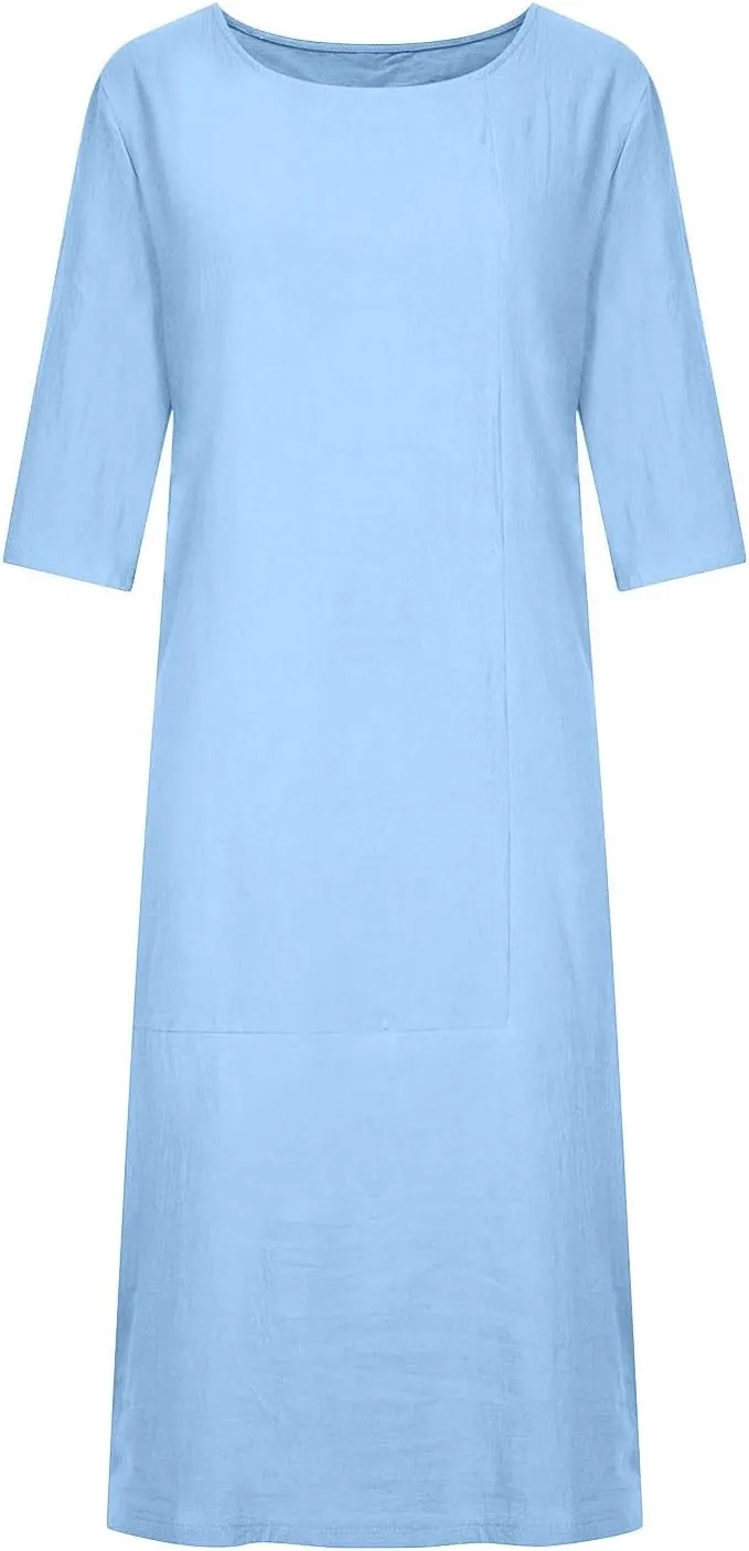 Cotton Linen Shift Dress for Women, Womens Crewneck Half Sleeve Tunic Top Tshirt Dress Solid Color Summer Midi Dress