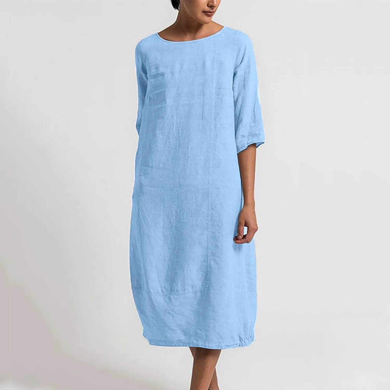 Cotton Linen Shift Dress for Women, Womens Crewneck Half Sleeve Tunic Top Tshirt Dress Solid Color Summer Midi Dress