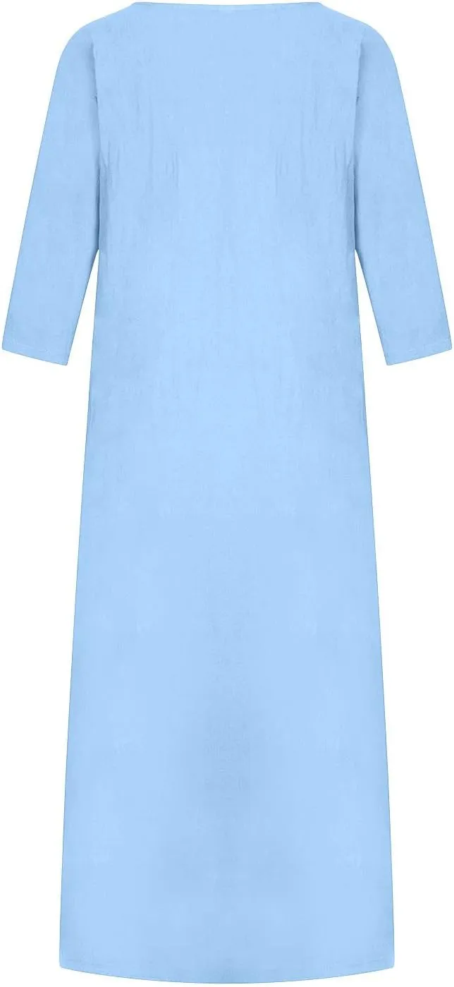 Cotton Linen Shift Dress for Women, Womens Crewneck Half Sleeve Tunic Top Tshirt Dress Solid Color Summer Midi Dress