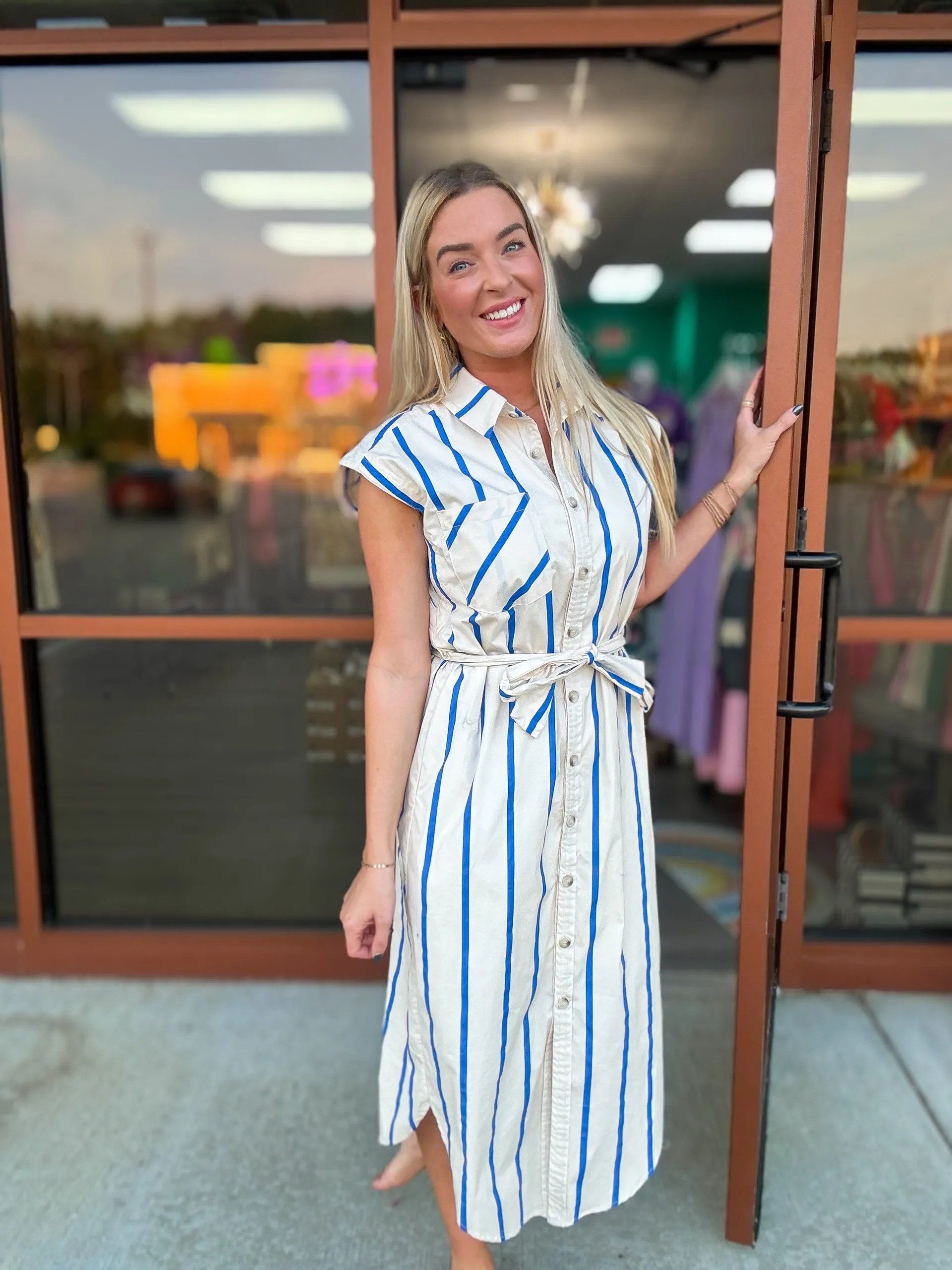 Cream and Blue Stripe Dress