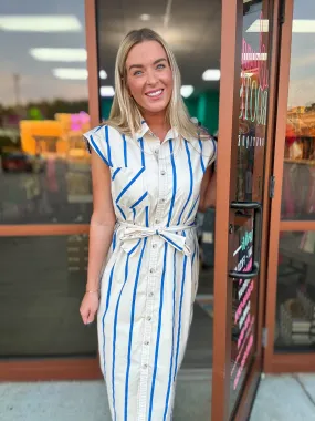 Cream and Blue Stripe Dress