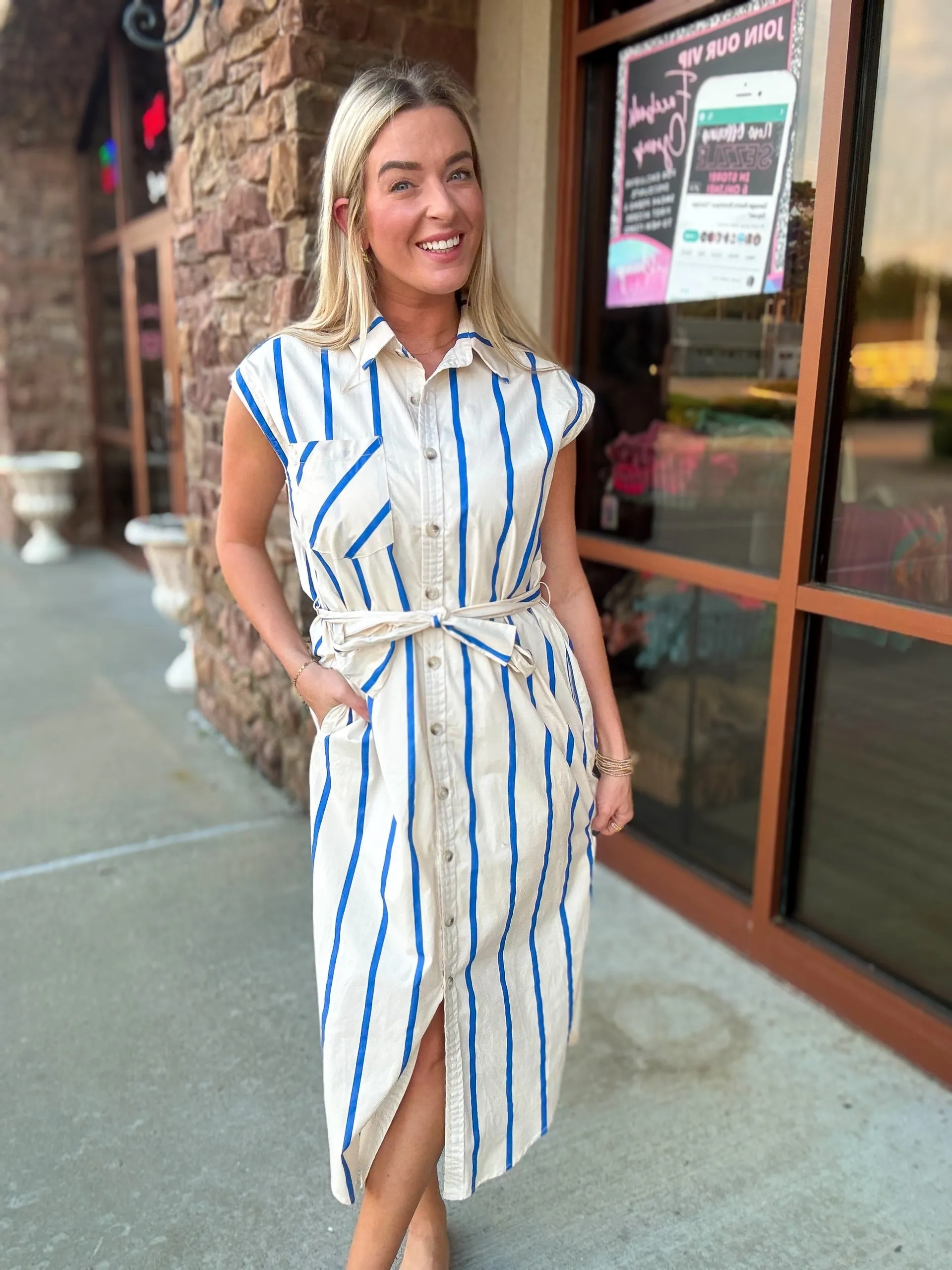 Cream and Blue Stripe Dress