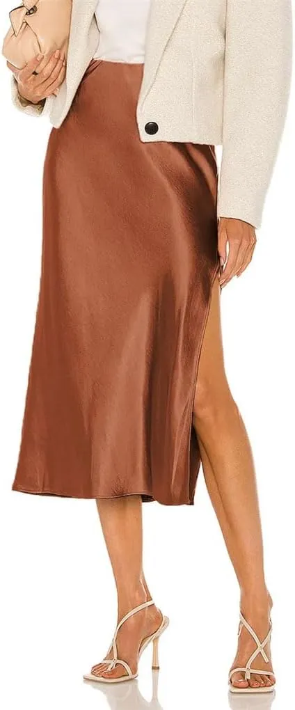 DBFBDTU Women Satin Midi Skirt High Waisted Solid Color Elegant Skirts Ladies Office Work Pencil Skirt