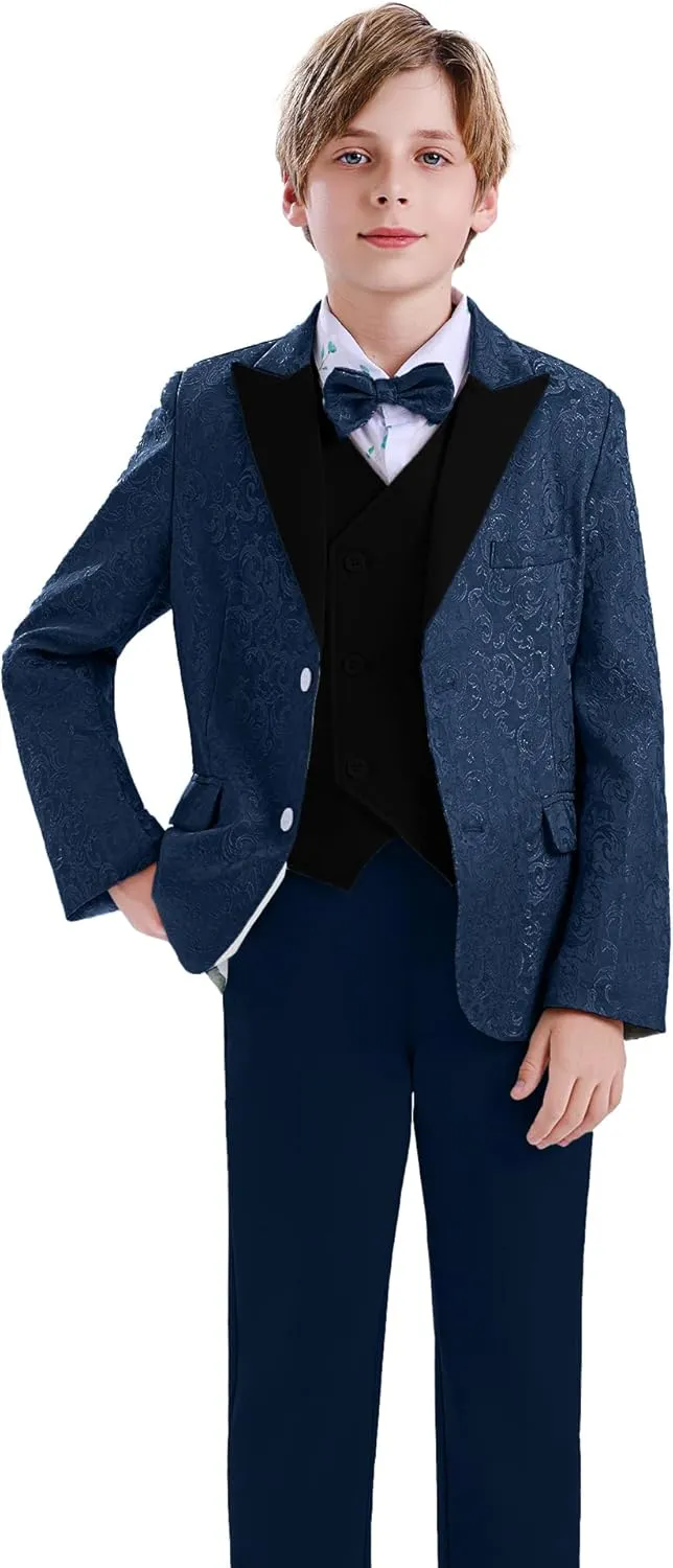 DISAUR Boys Suit for Formal Occasions 5 Pieces Suit Sets Including Jacket, Pants, Dress Shirt, Vest and Bow Tie 6-10 Years