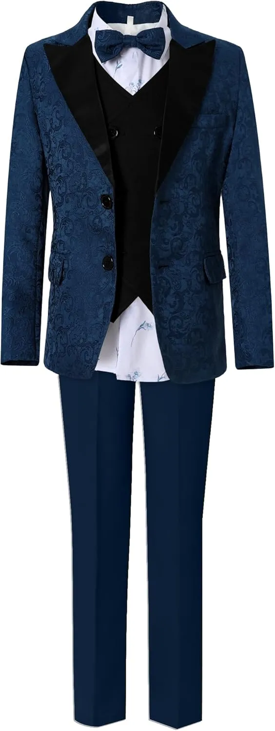 DISAUR Boys Suit for Formal Occasions 5 Pieces Suit Sets Including Jacket, Pants, Dress Shirt, Vest and Bow Tie 6-10 Years