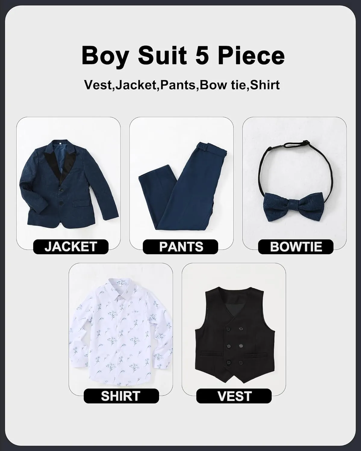 DISAUR Boys Suit for Formal Occasions 5 Pieces Suit Sets Including Jacket, Pants, Dress Shirt, Vest and Bow Tie 6-10 Years