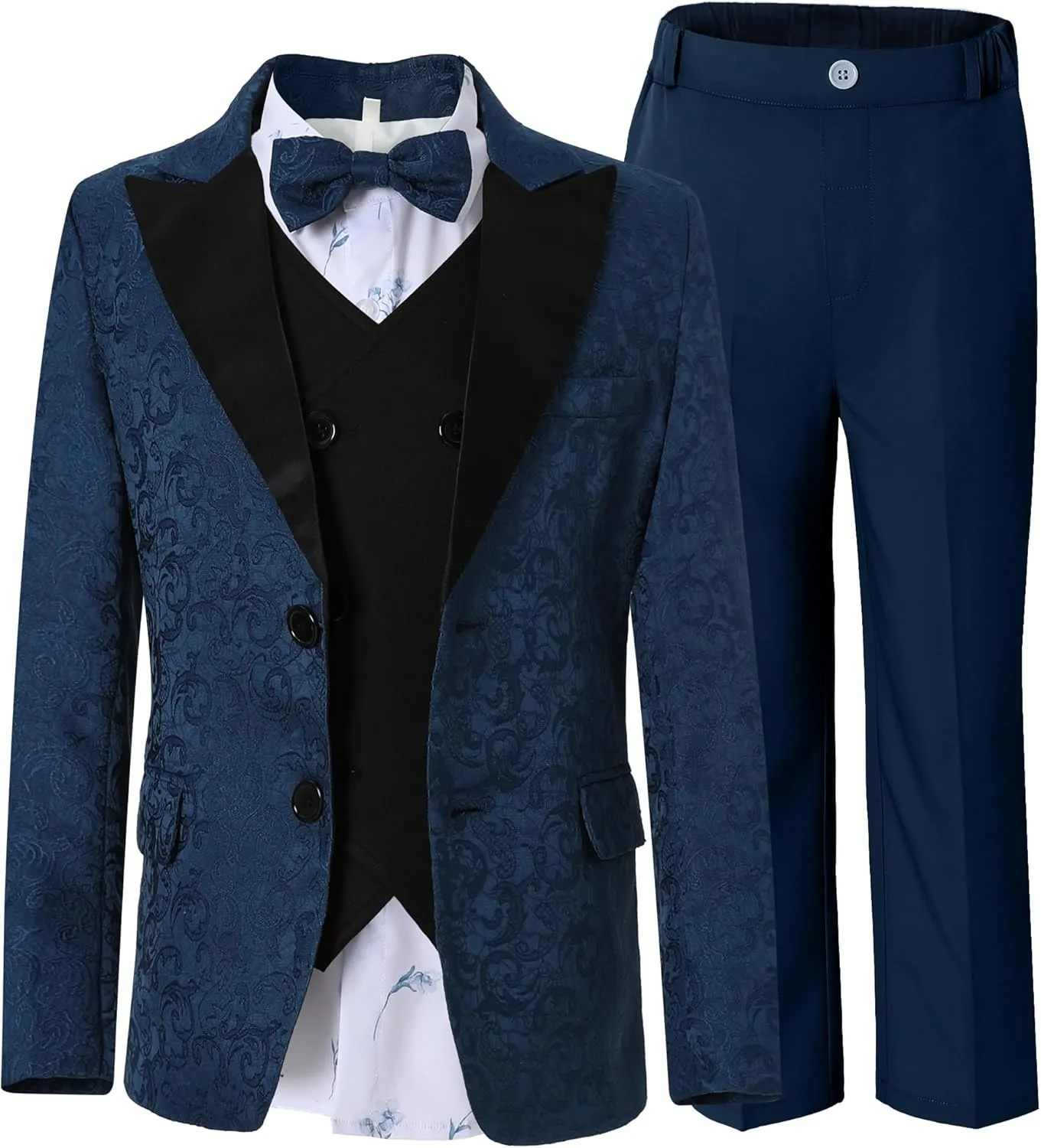 DISAUR Boys Suit for Formal Occasions 5 Pieces Suit Sets Including Jacket, Pants, Dress Shirt, Vest and Bow Tie 6-10 Years